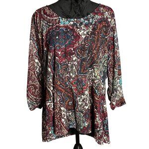 Kim Rogers‎ Womens Blouse 2X Multicolor Paisley 3/4 Sleeve Scoop Neck Tunic